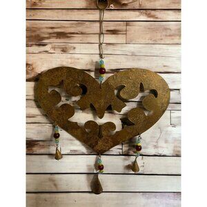 Boho Brass Heart Wind Chime Handmade Hanging Bell Art Beaded Rustic Garden Art
